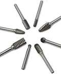 Carbide burr set, eight 1/4-inch shank double-cut rotary burrs (solid carbide) arranged in a circle