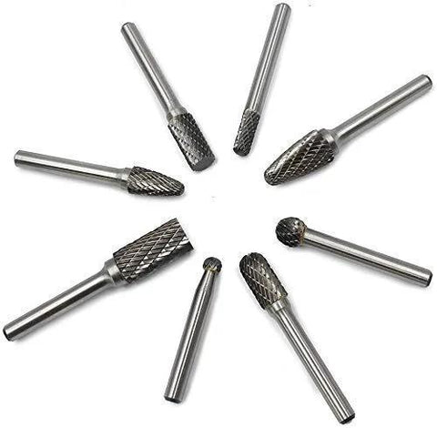 Carbide burr set, eight 1/4-inch shank double-cut rotary burrs (solid carbide) arranged in a circle