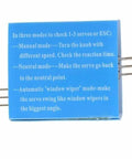 RC Servo Tester with 3 modes for servo and ESC testing, showing text instructions on blue casing for manual, neutral, and automatic modes.