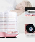 Slick Digital Food Dehydrator Featuring Five Stackable Trays Adjustable Heat Control Plus Solid Forty Eight Hour Timer. Side view with trays.