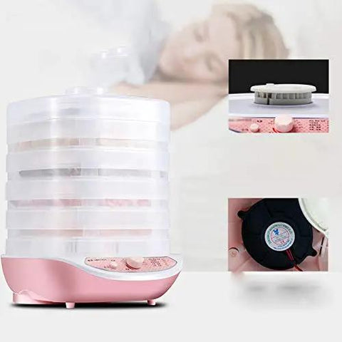 Slick Digital Food Dehydrator Featuring Five Stackable Trays Adjustable Heat Control Plus Solid Forty Eight Hour Timer. Side view with trays.