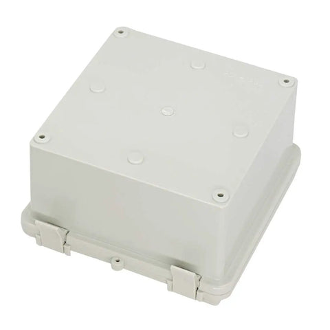 IP65 Waterproof ABS Junction Box With Hinged Lid Built Tough For Outdoor Electrical Projects, Dustproof Enclosure, 2 Cable Glands, 5.9x5.9x3.5 Inch, 150x150x90 Millimeters, Gray, closed top view