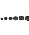 200 Piece Rubber Grommets Assortment Kit With 7 Size Options For Easy Wire Pass-Through In Metal Panels And Frames Includes 14mm, 9.53mm, 12.07mm, 15.88mm, 19.05mm, 22.23mm, 25.40mm Grommets For DIY Auto Electrical And Home Projects, black rubber grommets arranged by size