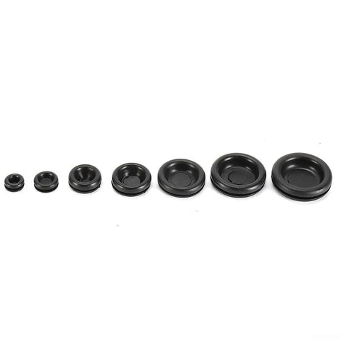 200 Piece Rubber Grommets Assortment Kit With 7 Size Options For Easy Wire Pass-Through In Metal Panels And Frames Includes 14mm, 9.53mm, 12.07mm, 15.88mm, 19.05mm, 22.23mm, 25.40mm Grommets For DIY Auto Electrical And Home Projects, black rubber grommets arranged by size