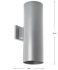 6 Inch Cylinder Outdoor Wall Sconce Two Light Up And Down Slick Modern Exterior And Interior Lighting Aluminum Construction Metallic Gray For Porch Patio Deck Weather Resistant with dimensions