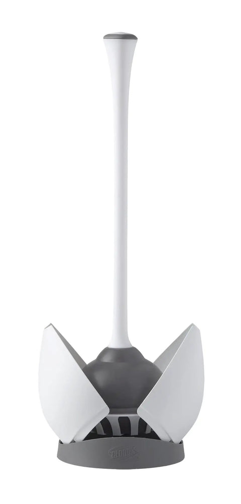 Heavy Duty Toilet Plunger With Hideaway Holder Caddy, The Go-To Bathroom Tool, Compact Design, Gray Base, White Caddy