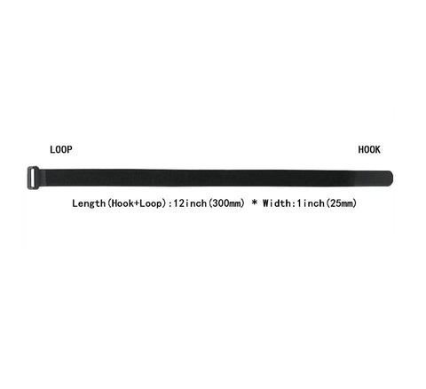 Single black cable tie, 12x1 inch, part of the Twenty Pack Reusable Cable Ties And Straps 12x1 Inch Adjustable Hook And Loop Nylon Fasteners For Cable Management, Multi Purpose Wire Organizer Straps For Home Office Garage And Do It All Projects.