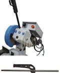 Professional 11 Inch Cold Cut Circular Saw With Swivel Base And Heavy Duty Stand 110 Volt Single Phase Motor side view showing cutting blade and lever.
