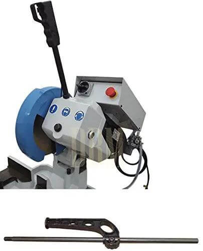 Professional 11 Inch Cold Cut Circular Saw With Swivel Base And Heavy Duty Stand 110 Volt Single Phase Motor side view showing cutting blade and lever.