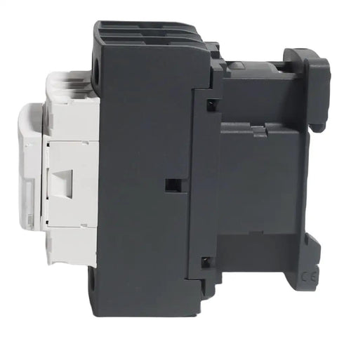 Side view of Built Tough Three Pole 30 Amp AC Contactor with 110 120V Coil, DIN rail mount switch for industrial use.