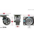 2 Inch Cast Iron Swivel Plate Caster With Silver Wheel And Heavy Duty Ball Bearing Mount 125 Lb Load Capacity Per Caster Industrial Top Plate Size Two By Two And One Half Inches Two And One Half Inch Clearance Height Designed For Long Wear Life, showing front, side, and top views with measurements.