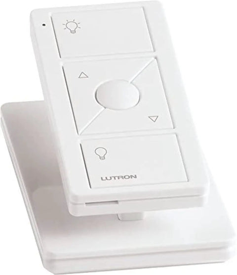 Smart Lighting Pedestal for Pico Remote With Weighted Non Slip Base, Angled Tabletop Stand in White, showcasing remote display.