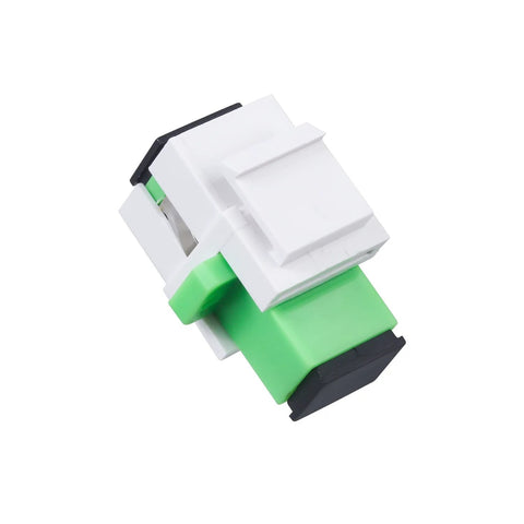 Ten Pack Fiber Optic SC To SC APC Simplex Coupler for Singlemode Cables, zirconia ferrule, white Keystone Jack Adapter, side view