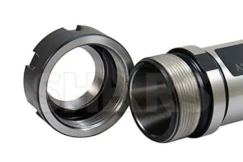 Close-up of ER32 Coolant Through Straight Shank Extension Tool Holder with O Ring Seal and Slotted Nut, 50mm Collet Nut, M40x1.5 Threads