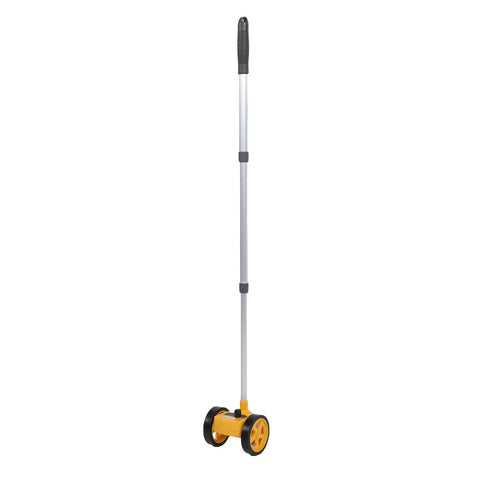YDuupxe Measuring Wheel Dual 4in 0-9999.9m 0.5% Accuracy Tool, featuring sturdy yellow wheels and a telescoping aluminum handle.
