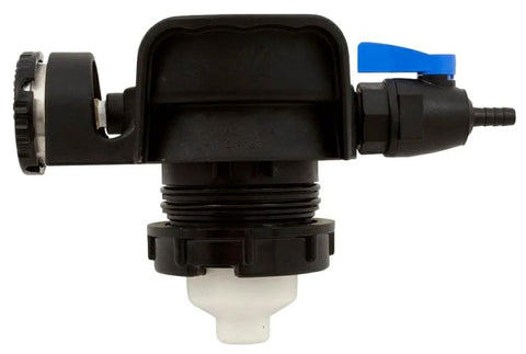 Waterway pressure relief valve assembly with blue lever, black body, white outlet.