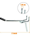 Close-up of sturdy L shaped 2 inch galvanized pegboard hook with rubber tip for 1/4 and 1/8 pegboard, in silver.