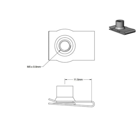 M5 Stainless Steel U Style Clip On Nuts Hella Tough Panel Fasteners showing dimensions for precision installation on thin metal.