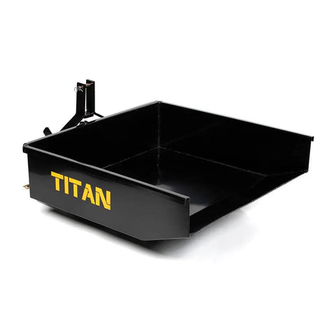 3 Point 10 Cu Ft Dump Box For Category 1 Tractors With Quick Hitch Compatibility And Rear Self Dumping Hopper in black metal.