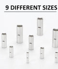 100 Piece Non Insulated Butt Connectors Kit For AWG 22 16 Wire Tin Plated Copper Crimp Ferrule Terminals With Center Stop displayed in various sizes