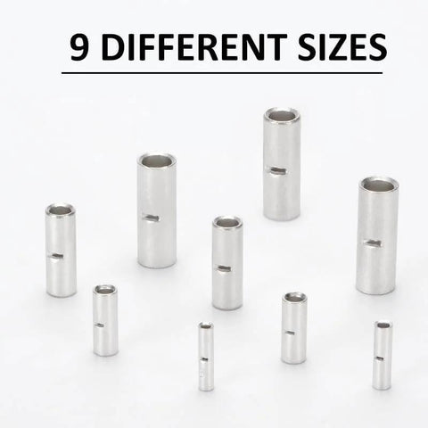 100 Piece Non Insulated Butt Connectors Kit For AWG 22 16 Wire Tin Plated Copper Crimp Ferrule Terminals With Center Stop displayed in various sizes
