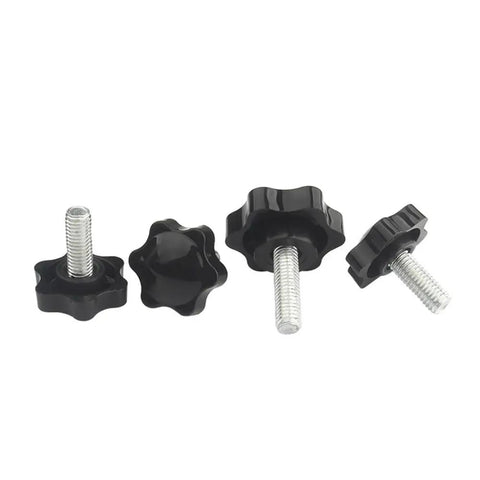 Five Pack M6 Star Head Thumb Screws Knurled Grip Knobs 25mm Long, Metal Galvanized Thumb Screws, set of five shown on white background
