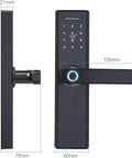 Smart Fingerprint Door Lock With App Control And Digital Code Entry Aluminum Alloy Home Security Mortise Lock showing sleek design and dimensions.