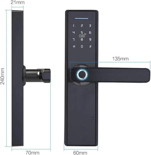 Smart Fingerprint Door Lock With App Control And Digital Code Entry Aluminum Alloy Home Security Mortise Lock showing sleek design and dimensions.