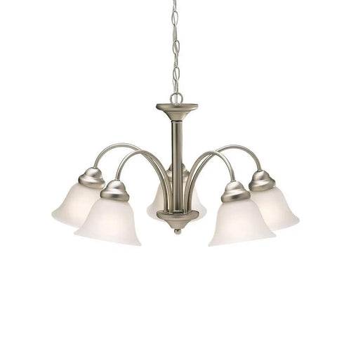 Wynberg 13.75 Inch Five Light Chandelier with Satin Etched Glass and Olde Bronze finish hanging on a chain
