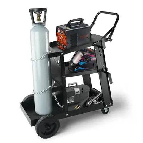 Heavy Duty 3 Tier Welding Cart With 360 Degree Swivel Wheels, Tank Storage And Safety Chains, Rolling Cart loaded with equipment