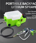 Heavy Duty Cordless Paint Sprayer Backpack Featuring 5000 Mah Battery High Pressure Airless Spray Gun Adjustable Speed No Sweat Wall Painting Project Tools with green casing and sprayer handle.