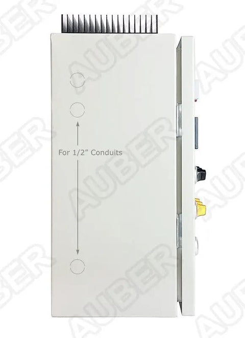 Side view of powder coating oven control panel with light and fan control 240V 75A 18000W, showing connectivity ports and markings.
