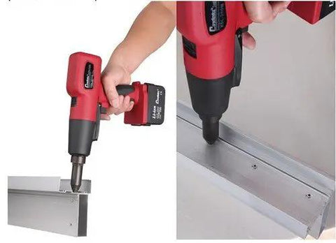 Badass Heavy Duty Cordless Battery Rivet Gun Rechargeable Electric Riveter Fast Driver used on sheet metal, featuring four mandrel sizes.