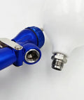 Close-up of Heavy Duty Pneumatic Spray Gun For Automotive Paint And Bodywork Topcoats Featuring High Atomization Build with blue body.