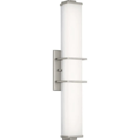 Vertical view of Phase Two Point Two LED 24 Inch White Shade Sleek Modern Bath Vanity Light in Brushed Nickel with slim acrylic frame