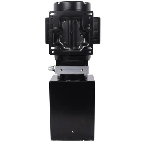 Greron 12V DC Single Acting Hydraulic Pump With Steel Reservoir Power Unit front view showing heavy-duty design and steel tank.