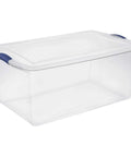 Massive 105 Quart Clear Plastic Storage Bin With Heavy Duty Latch Lid Big Boy Stackable Box for organizing camping gear.