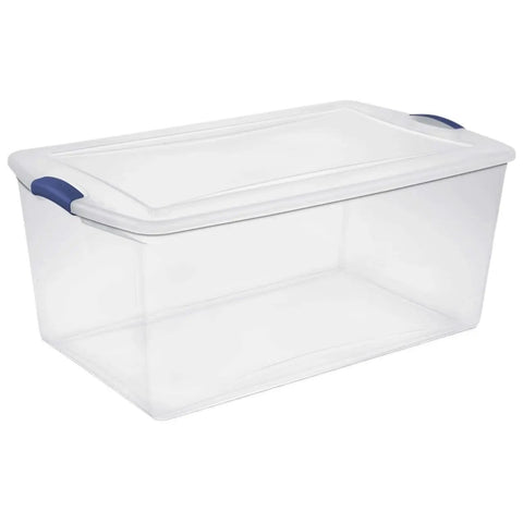 Massive 105 Quart Clear Plastic Storage Bin With Heavy Duty Latch Lid Big Boy Stackable Box for organizing or storing gear.