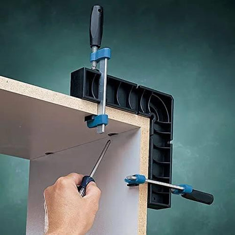 90 Degree Right Angle Woodworking Clamp, Polycarbonate Square Tool That Holds Parts While Fastening And Drying Glue in use on wood corner