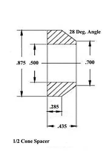 Diagram of 1/2 cone spacer with dimensions and 28-degree angle, part of Heavy Duty 1/2 X 5/8-18 Thread Four Link Rod End Kit.