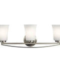 Three Light Bath Fixture From The Tao Collection In Brushed Nickel Damp Location Steel Bath Light With 5 Inch Backplate Requires 3x 75W A19 Bulbs Not Included Sleek Modern Dope Home Decor For Hallway Or Vanity