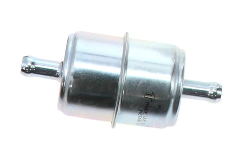 Universal In Line Fuel Filter With Three Eighths Inch Clamp On Inlet Outlet 60 PSI Max Pressure built-in gaskets visible