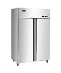 Heavy Duty Commercial Upright Freezer Stainless Steel Two Door Reach In Cooler 36 Cubic Foot Capacity with double doors.