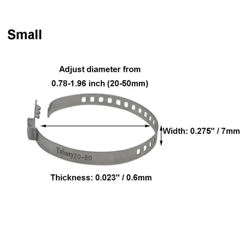 Small stainless steel adjustable axle boot band with dimensions, part of CV Joint Axle Boot Clamp Pliers Kit With 20Pcs