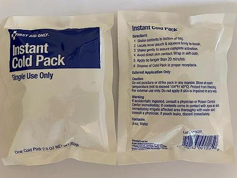 First Aid Only instant cold pack, white pouch with blue label; front and back views.
