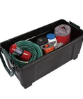 Massive 169 Quart Big Ass Rolling Storage Tote Container With Rugged Heavy Duty Buckle Lid For Outdoor Camping Adventures Yard Cleanup And Home Organizing Black filled with various gear.