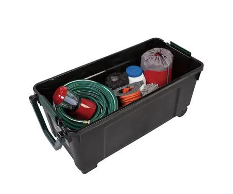 Massive 169 Quart Big Ass Rolling Storage Tote Container With Rugged Heavy Duty Buckle Lid For Outdoor Camping Adventures Yard Cleanup And Home Organizing Black filled with various gear.