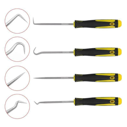 4-piece automotive pick and hook tool set with black and yellow handles and stainless steel tips, shown with close-ups