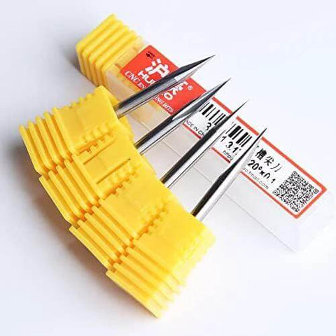 Front view of HUHAO 5-pack router bits with yellow protective sleeves, 1/8 in shank, carbide tips