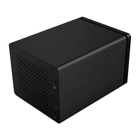 Solid Aluminum 3.5 Inch 5 Bay Hard Drive Enclosure With USB 3.1 Type C And RAID Setup Up To 80TB Capacity angled view showing black design and ventilation.